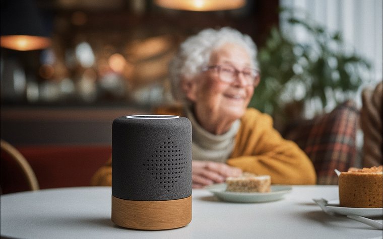 A resident at a table with a voice assistant beside her.